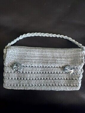 Handcrafted Metallic Silver Crochet Evening Bag with Crystal Buttons